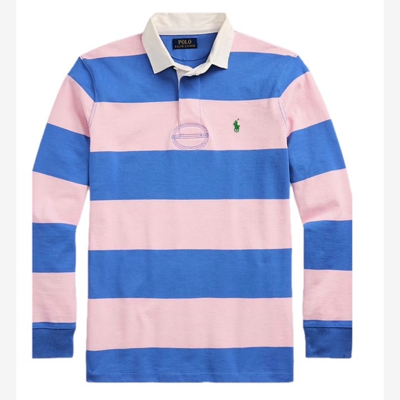 Polo Ralph Lauren Men Long Sleeve Rugby Shirt Garden Pink/New England Blue  XL - Picture 15 of 16